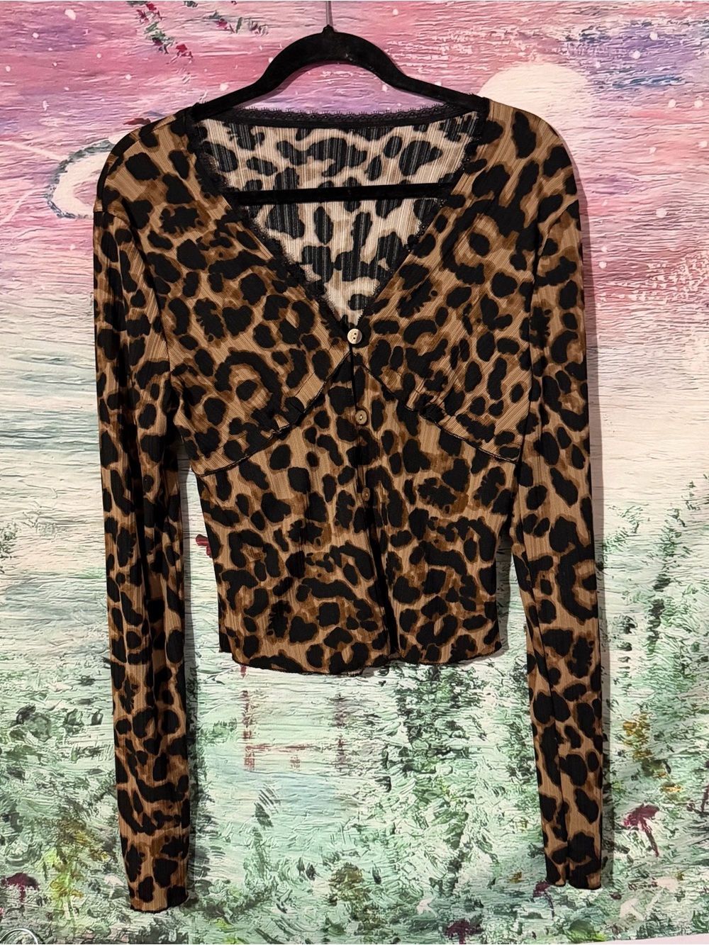 Leopard Print Long-Sleeve Button Front Top - Brown/Black